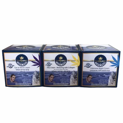 SeaQueen - Dead Sea Minerals Cannabis Set - Day Cream Restoring with Collagen SPF 25 & Eye & Neck Cream & Intensive Night Cream (Dode Zee Mineralen Cannabis Set - Dagcreme Herstellend met Collageen & Oog & Nek Creme & Intensieve Nacht Creme)